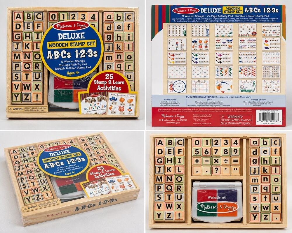 Melissa & Doug Deluxe Wooden Stamp Set ABCs 123s 71 Stamps Activity Pad NEW